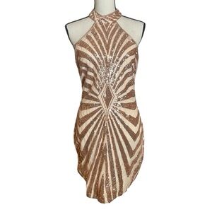 Xtaren Rose Gold Sequin Halter Mini Dress